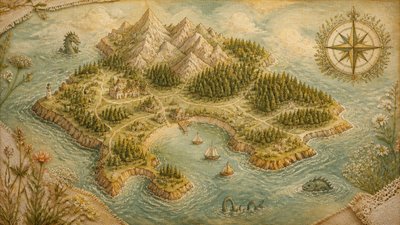 a map of an island realm with mountains, forests, a sheltered bay, sea monsters in the water and a compass rose, no text labels