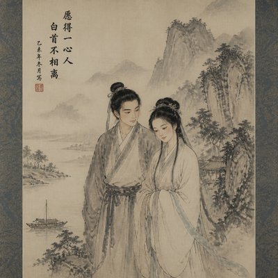 portrait of two people together — Scroll Painting Style