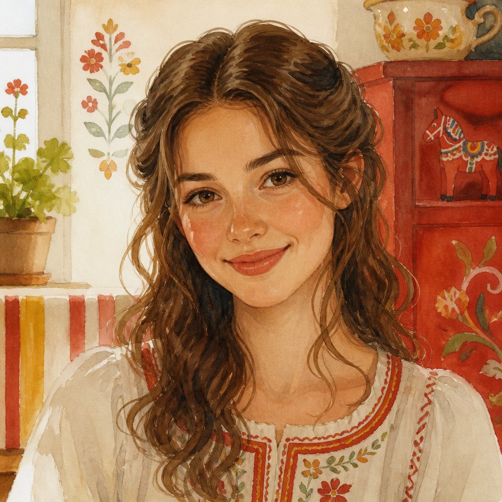 head-and-shoulders portrait of an original character: a young woman with wavy chestnut hair and a warm smile, plain soft backdrop