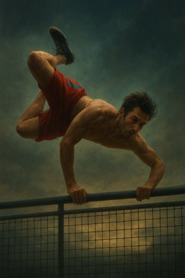 a painting of a man leaning over a fence