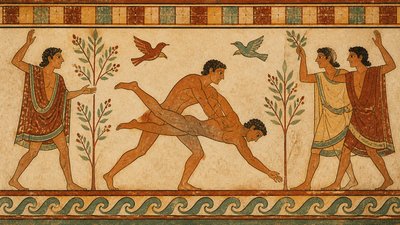 an ancient ignudi wrestler throws his opponent on the ground