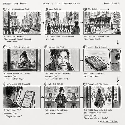 urban street with city activity — Storyboard Art Style