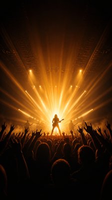 a live music scene with a glowing stage and silhouetted crowd, energetic vertical composition with open space at the top, no text