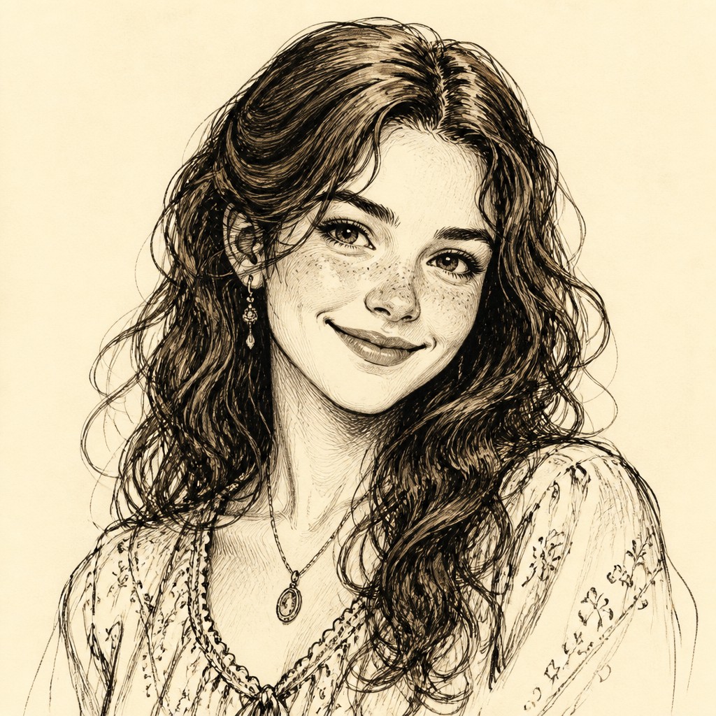 head-and-shoulders portrait of an original character: a young woman with wavy chestnut hair and a warm smile, plain soft backdrop