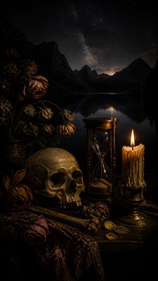 a tranquil mountain lake beneath a starry night sky, no people, no text