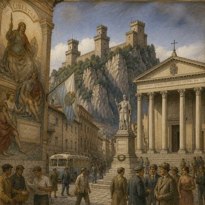 urban street with city activity — Sammarinese Art Style