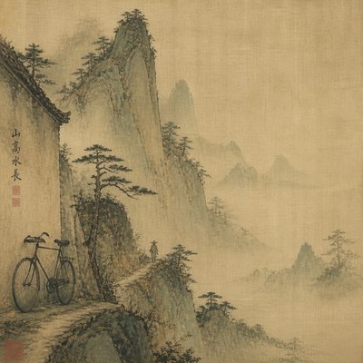 bicyle resting against a wall — Song Dynasty Ink Painting Style