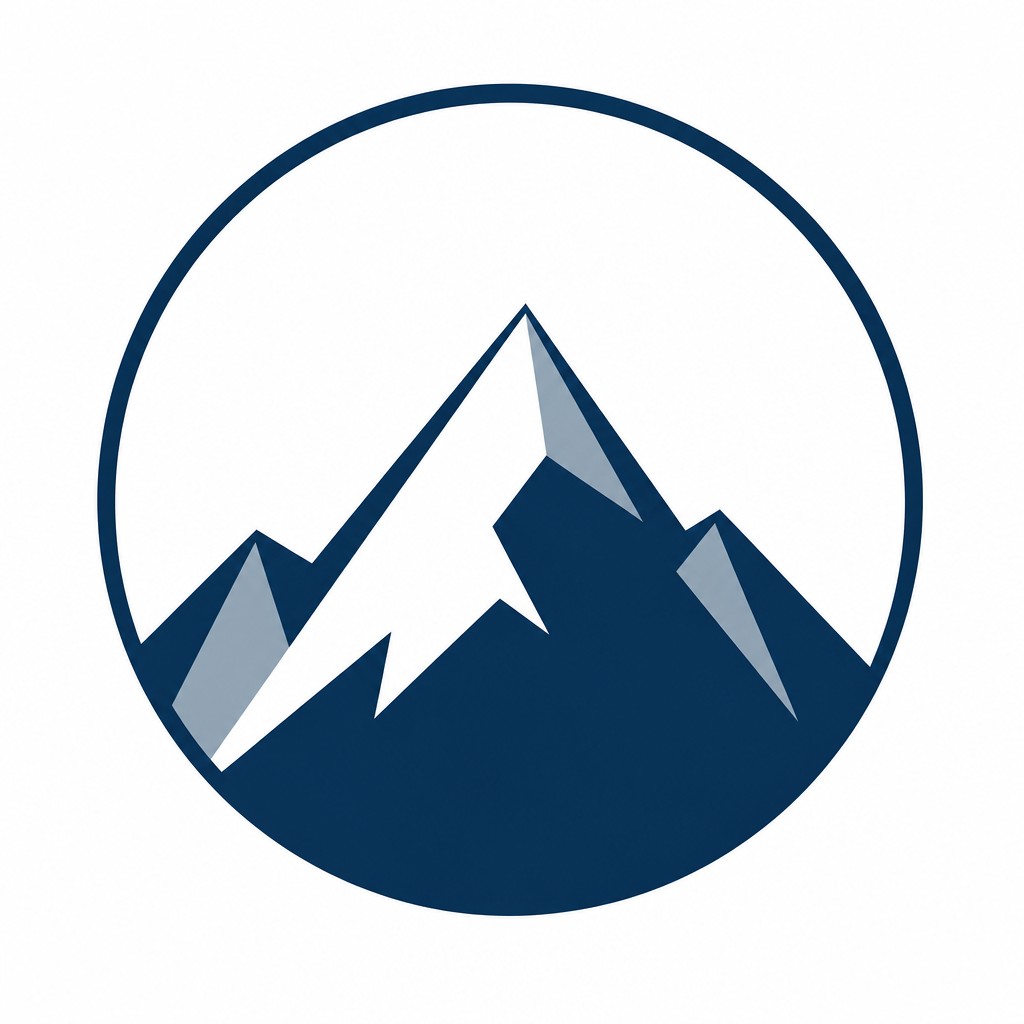 an emblem of a mountain peak inside a circle, simple bold shapes on a plain background, no text or lettering