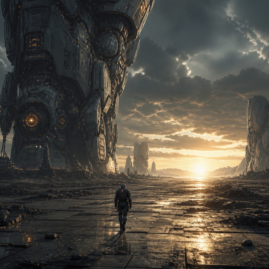 a solitary figure walking toward a glowing horizon across an empty plain, moody atmosphere, no text or lettering