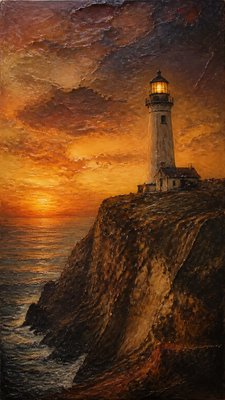 a lone lighthouse on a cliff at dusk under a dramatic sky, no text or lettering