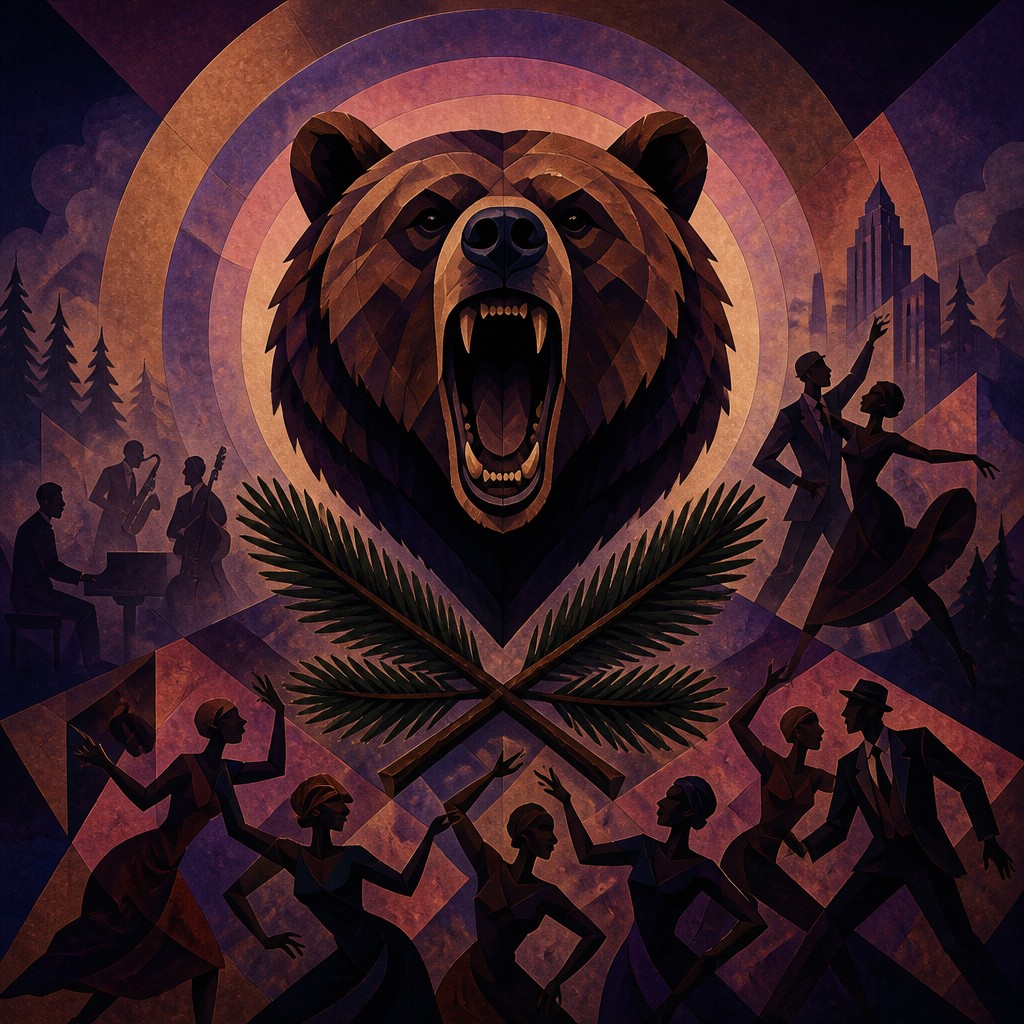 a roaring bear head above crossed pine branches, bold graphic composition on a plain background, no text