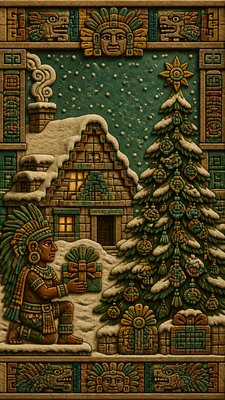a snow-covered cottage with warm glowing windows beside a decorated pine tree, gentle snowfall, no text