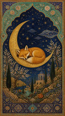 a sleeping baby fox curled on a crescent moon among soft stars, gentle and warm, no text