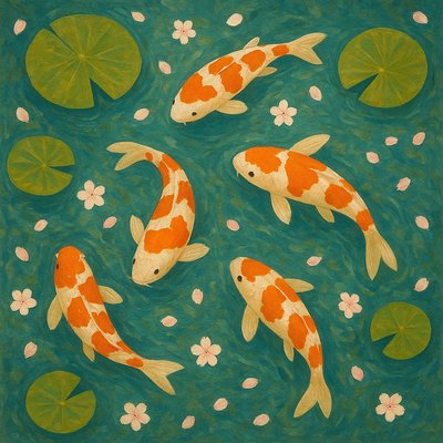 A koi pond seen from above, orange and white koi fish swimming among lily pads, clear water with subtle ripples, fallen cherry blossom petals floating on the surface, dappled sunlight