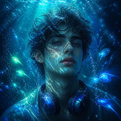 head-and-shoulders portrait of an original character: a young man with curly dark hair and headphones around his neck, plain backdrop, no text