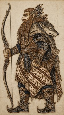 full-body original character: a dwarven ranger with a braided auburn beard, worn leather armor, a longbow and a wolf-pelt cloak, neutral background, no text