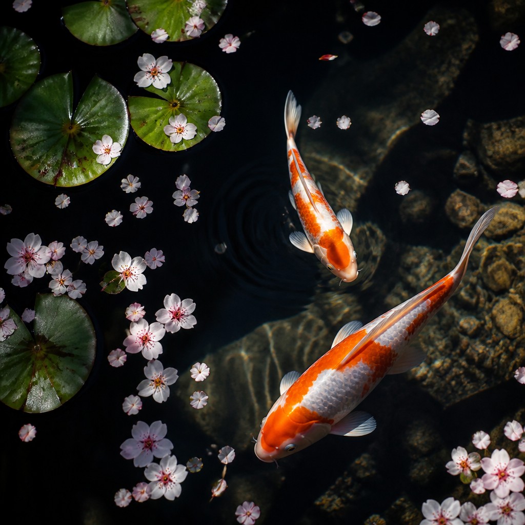 A koi pond seen from above, orange and white koi fish swimming among lily pads, clear water with subtle ripples, fallen cherry blossom petals floating on the surface, dappled sunlight