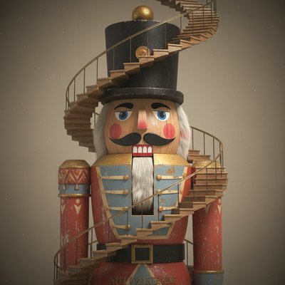  in the style of M.C. Escher, staircases spiraling up a towering wooden nutcracker soldier with a stern face, mustache, rosy cheeks, hinged jaw, ornate painted uniform with gold trim, tall black hat, polished wooden texture, intricate impossible loops, glowing holiday jewel-toned colors, vibrant reflections, whimsical geometry, cinematic, reflective colors