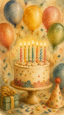 a birthday cake with lit candles surrounded by balloons and confetti, festive vertical composition, no text
