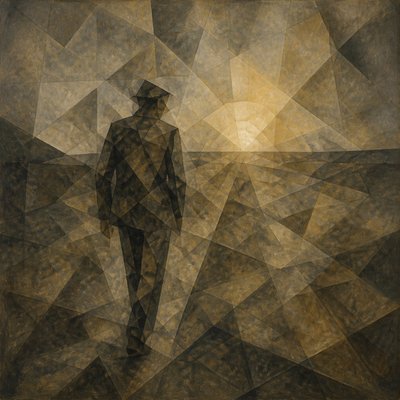 a solitary figure walking toward a glowing horizon across an empty plain, moody atmosphere, no text or lettering