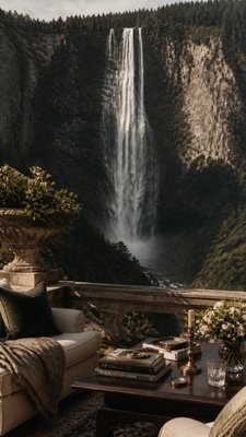 towering waterfall cascading down a cliff