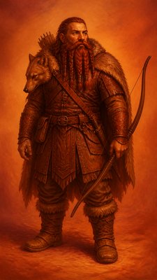 full-body original character: a dwarven ranger with a braided auburn beard, worn leather armor, a longbow and a wolf-pelt cloak, neutral background, no text