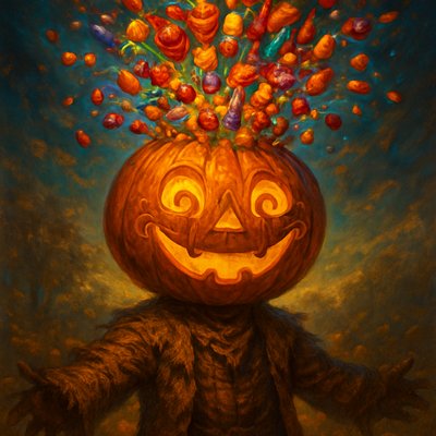 This sounds like a wonderfully whimsical and festive image! Combining the classic pumpkin head with a burst of candy and unique carving will make for a very creative Halloween or autumn piece.

Here's a prompt for a Happy Pumpkin Head Figure with Candy Bursting Out for ArtStyles.com:

Happy Pumpkin Head with Candy Burst Prompt

"A cheerful and fantastical figure with a large, glowing jack-o'-lantern for a head. The pumpkin's face is carved with a distinctly happy, friendly, wide-mouthed smile and joyful eyes. Instead of traditional jagged cuts, the facial features (eyes, nose, mouth) are intricately carved with elegant, swirling, vine-like patterns, giving it a whimsical and artistic look. The pumpkin head emits a warm, inviting orange glow from within.

Dramatically bursting and cascading out of the very top of the pumpkin's head is an overflowing abundance of vibrant, colorful Halloween candy. This candy explosion includes individually wrapped chocolates, lollipops, jelly beans, candy corn, and various brightly colored sweets, all tumbling outwards in a joyous, sugary fountain.

The figure itself has a rustic, scarecrow-like body, perhaps dressed in tattered but festive autumn-colored clothing (e.g., burlap, plaid, or warm browns and oranges), standing in an autumnal setting. The background could feature a gently lit pumpkin patch, fallen autumn leaves, or a soft, blurred evening sky. The lighting is warm and enchanting, highlighting the pumpkin's glow and the glossy sheen of the candy. The overall mood is one of festive joy, playful magic, and autumnal abundance. stylized realism, intricate detail, dynamic composition, warm dramatic lighting, focus on textures (pumpkin, candy), fantasy elements"