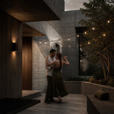 an original couple dancing under string lights in a garden at dusk: a man with short black hair in a linen shirt and a woman with braided red hair in a summer dress