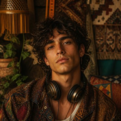 head-and-shoulders portrait of an original character: a young man with curly dark hair and headphones around his neck, plain backdrop, no text