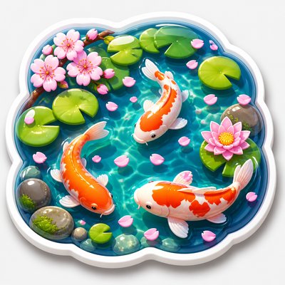 A koi pond seen from above, orange and white koi fish swimming among lily pads, clear water with subtle ripples, fallen cherry blossom petals floating on the surface, dappled sunlight