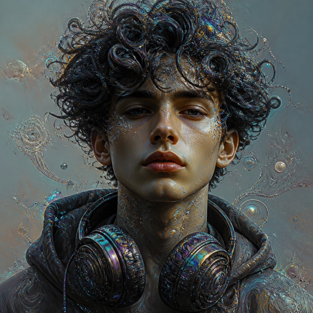 head-and-shoulders portrait of an original character: a young man with curly dark hair and headphones around his neck, plain backdrop, no text