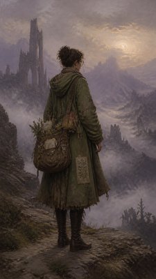 full-body original character: a wandering botanist with a satchel of plants, a patched green cloak, tall boots and round glasses, neutral background