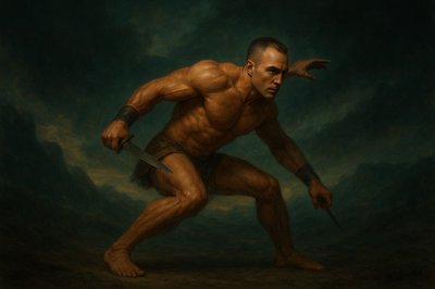 a painting of a man with a knife in his hand