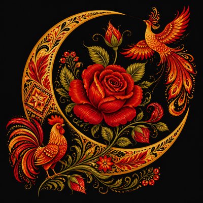 a rose entwined with a crescent moon, clean balanced composition on a plain background, no text