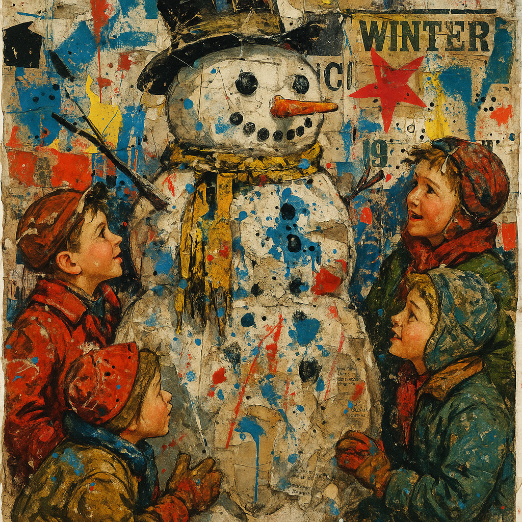 A Norman Rockwell style snowman fully built with the children all around him, admiring their creation, like the song Frosty the Snowman