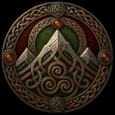 an emblem of a mountain peak inside a circle, simple bold shapes on a plain background, no text or lettering