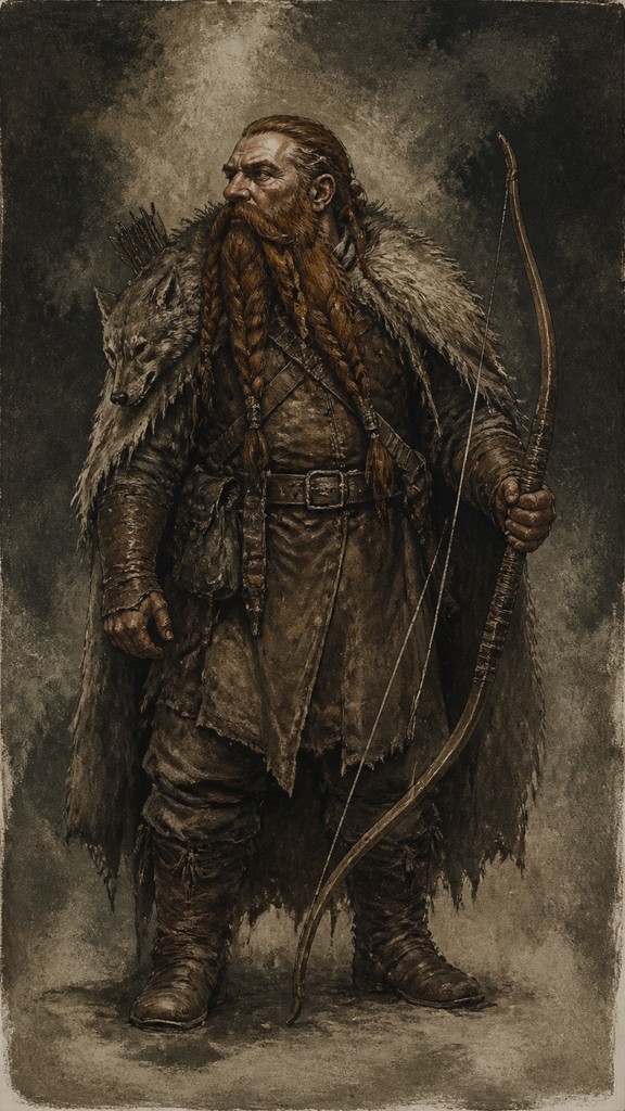 full-body original character: a dwarven ranger with a braided auburn beard, worn leather armor, a longbow and a wolf-pelt cloak, neutral background, no text