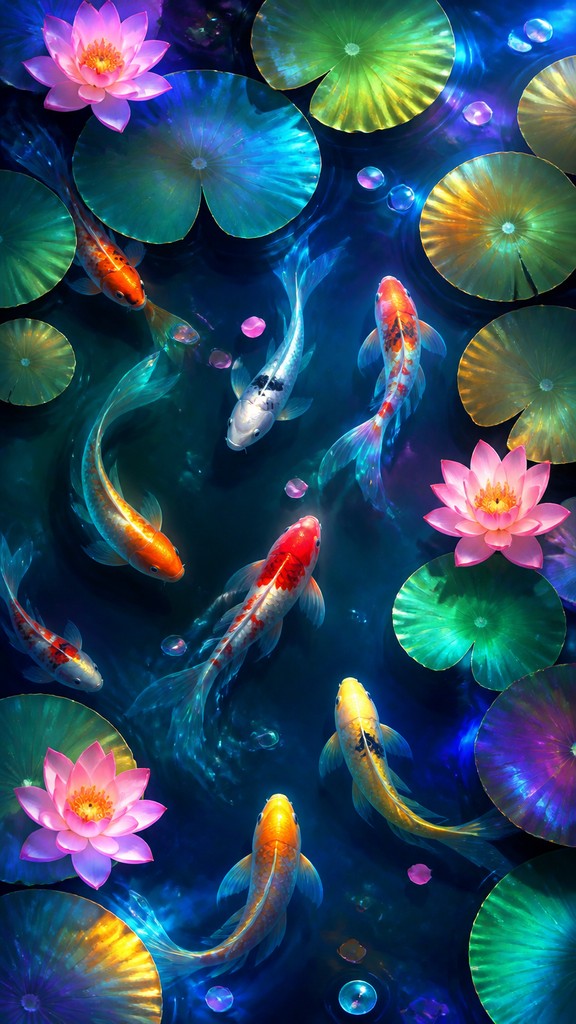 a koi pond with lily pads seen from above, no people