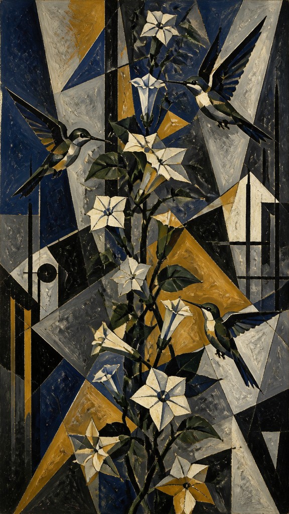 a climbing vine of flowers and hummingbirds on a dark background, tall wrapping composition, no text
