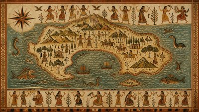a map of an island realm with mountains, forests, a sheltered bay, sea monsters in the water and a compass rose, no text labels