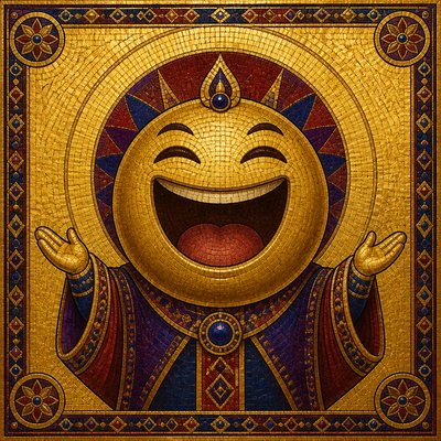 an exaggerated laughing face of an original round mascot character, bold and readable at small size, plain background, no text