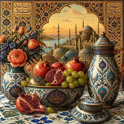 still life arrangement of fruits and flowers