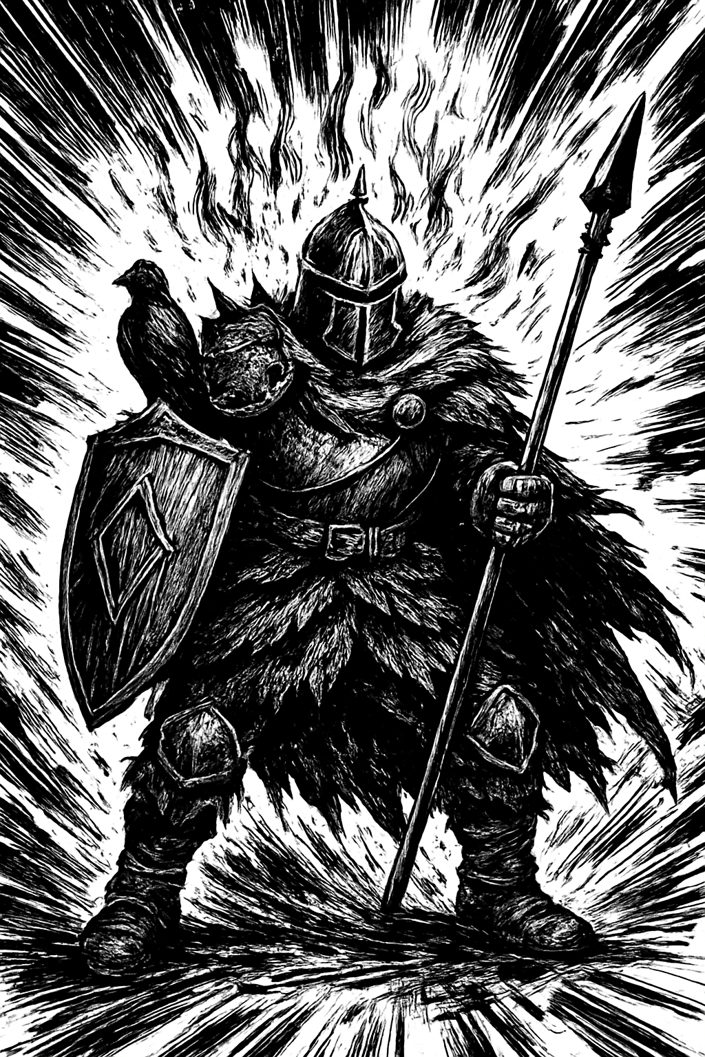 a drawing of a man in armor with a sword and a bird on his arm