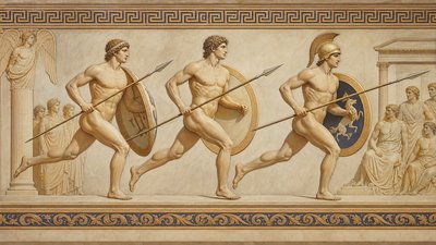 ancient greek games involving ignudi athletes running with shield and spear