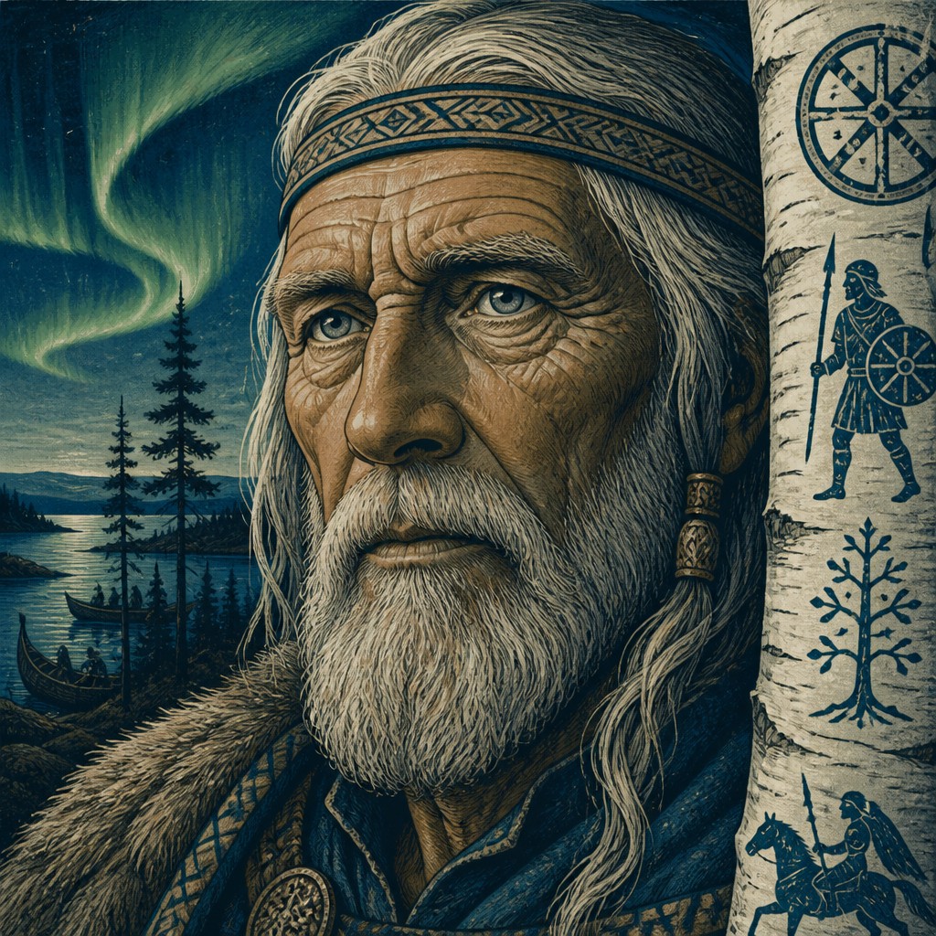 close-up portrait of an elderly person with expressive weathered features — Finnish Art Style