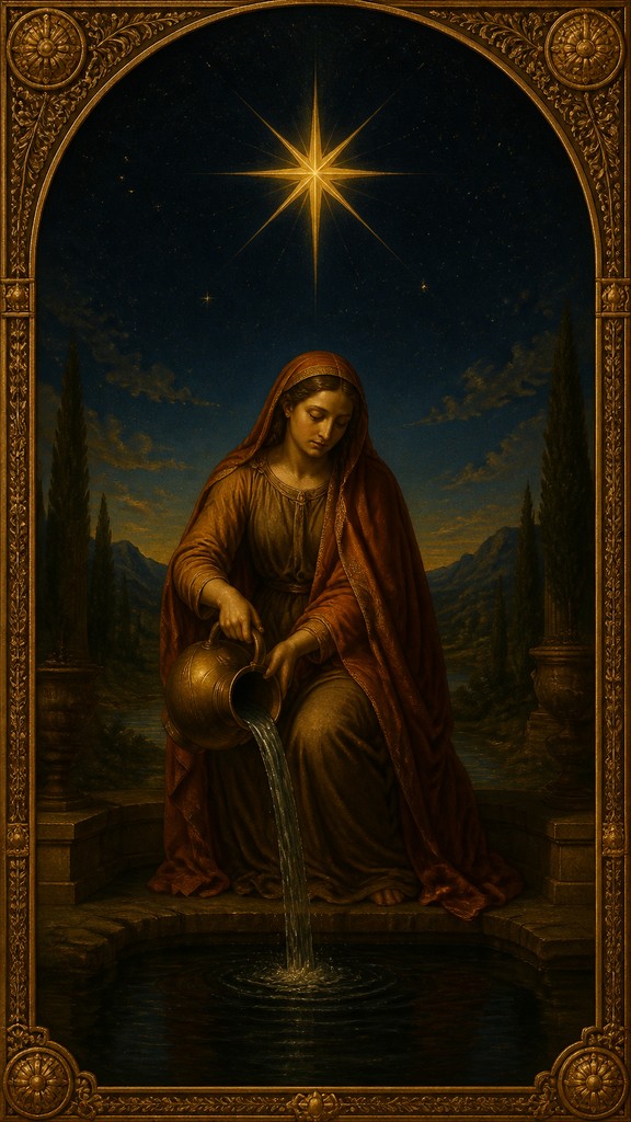 a robed figure pouring water beneath a large eight-pointed star in a night sky, symmetrical composition with an ornate decorative border, no text