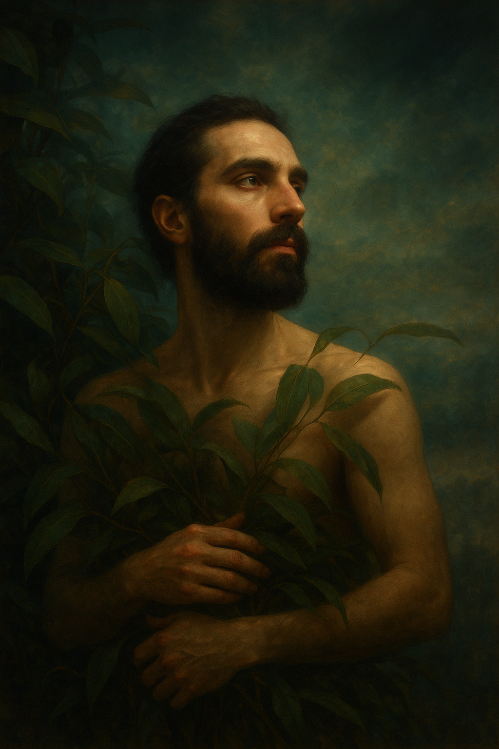 a painting of a man with a beard holding a plant