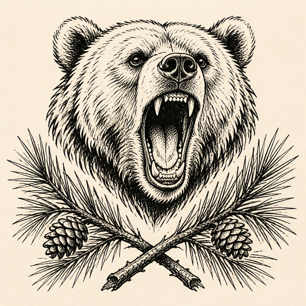a roaring bear head above crossed pine branches, bold graphic composition on a plain background, no text
