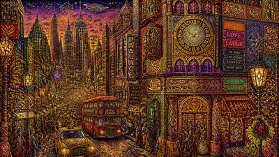 bustling city street panorama at dusk