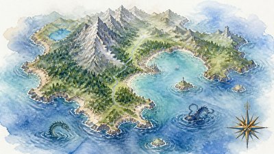 a map of an island realm with mountains, forests, a sheltered bay, sea monsters in the water and a compass rose, no text labels